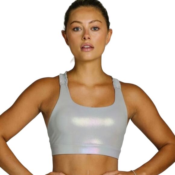 Zyia Active Metallic Grey Silver Light N Tight Ruffle Strap Sports Bra Size S - Picture 1 of 11